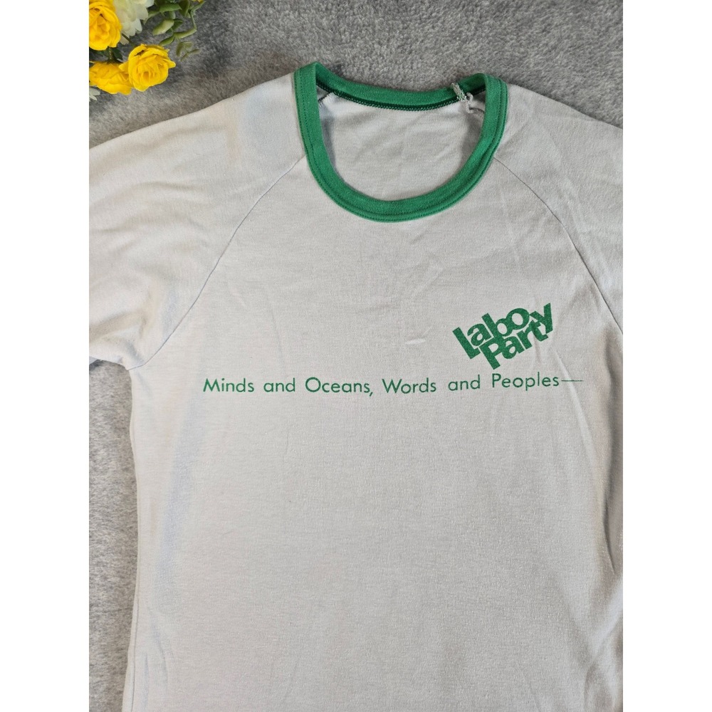 Vintage 70s Labo Party Minds and Oceans Ringer T-Shirt Gray Green Japan L